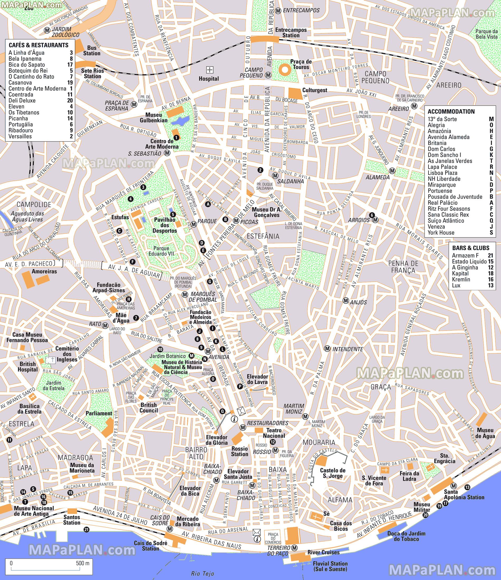 Map of Lisbon tourist: attractions and monuments of Lisbon